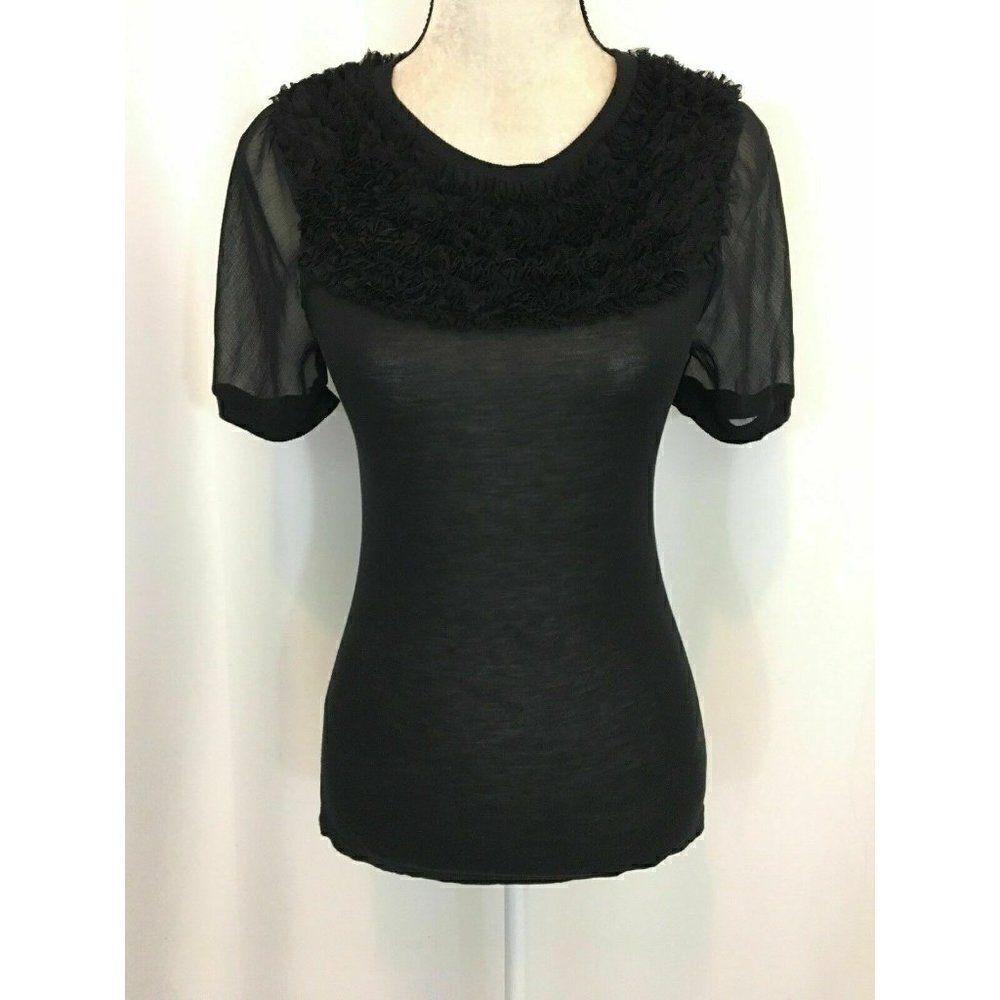 Robbi Nikki Womens Solid Black Short Sleeve Ruffle Sheer Top Viscose Xs